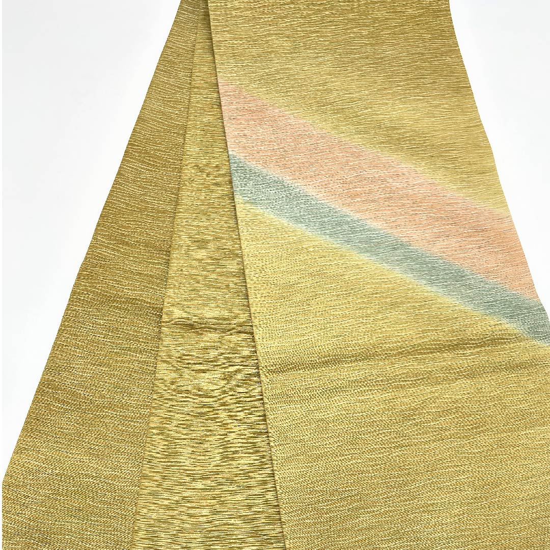 袋帯 黄海松茶色(きみるちゃいろ) 金彩 染め帯 帯丈444cm 正絹 Aランク ポイント柄 セミフォーマル 緑系 1123005413319