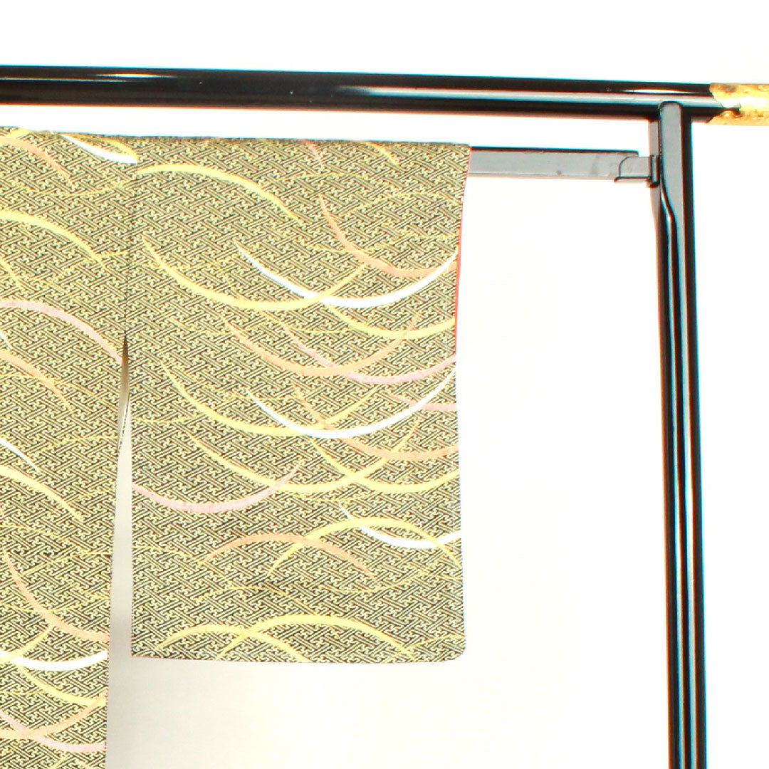 小紋 身丈156.5cm 裄丈61.5cm 袷 紗綾形 芝草 正絹 Aランク 黒系 1115002683310