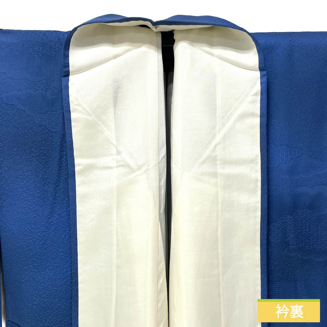 色無地 正絹 Aランク 身丈155.5cm 裄丈62.5cm 露草色(つゆくさいろ) 一つ紋 揚羽蝶 縫い紋 袷 青系 1114002783317