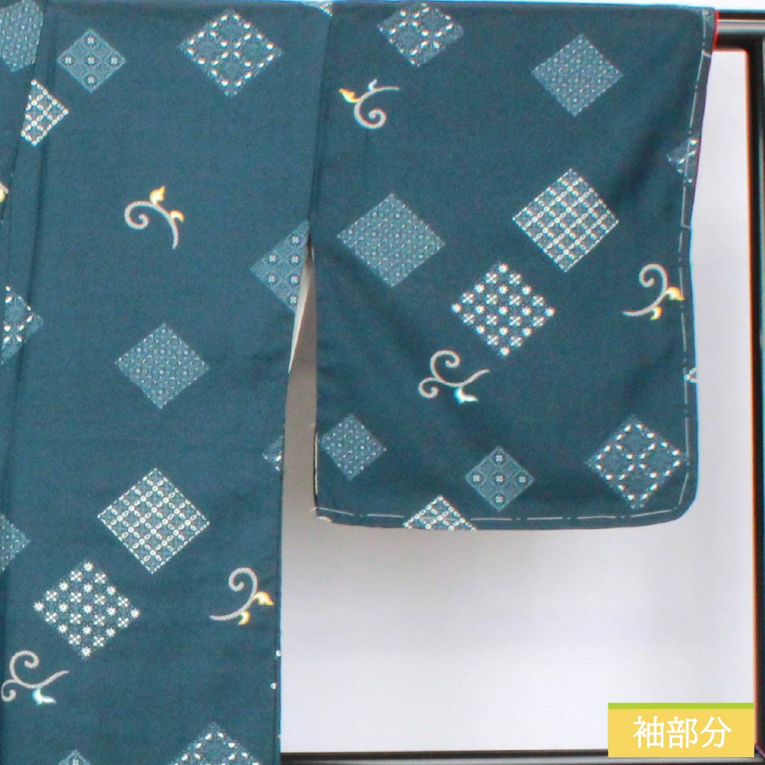 小紋 ポリエステル 身丈167.5cm 裄丈66cm 袷 深藍色(ふかあいいろ) 抽象模様 洗える着物 しつけ糸付き Sランク 紺系 1115006012518