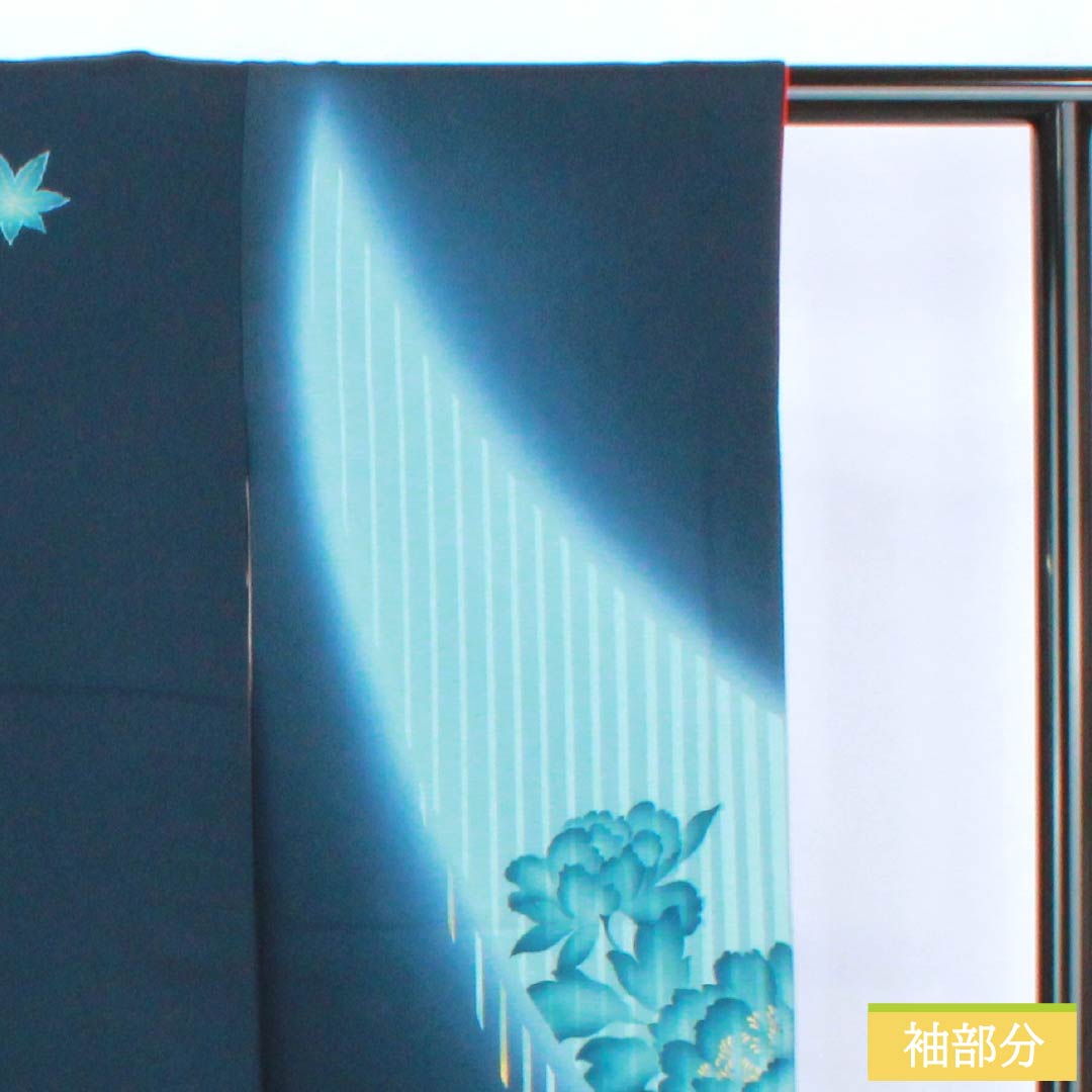 振袖 正絹 Aランク 身丈161cm 裄丈62.5cm 袷 印度藍色(いんどあいいろ) 京友禅 牡丹 紅葉 紺系 1113002833418