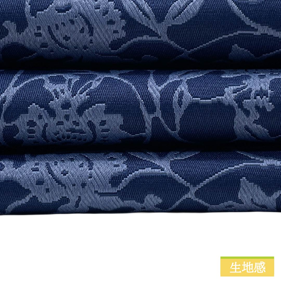 (新品)半幅帯 ポリエステル NEWランク 韓藍色(からあいいろ) 白銅色(はくどういろ) 花唐草 矢羽根 広幅 帯丈394cm 紺系 1125006071318
