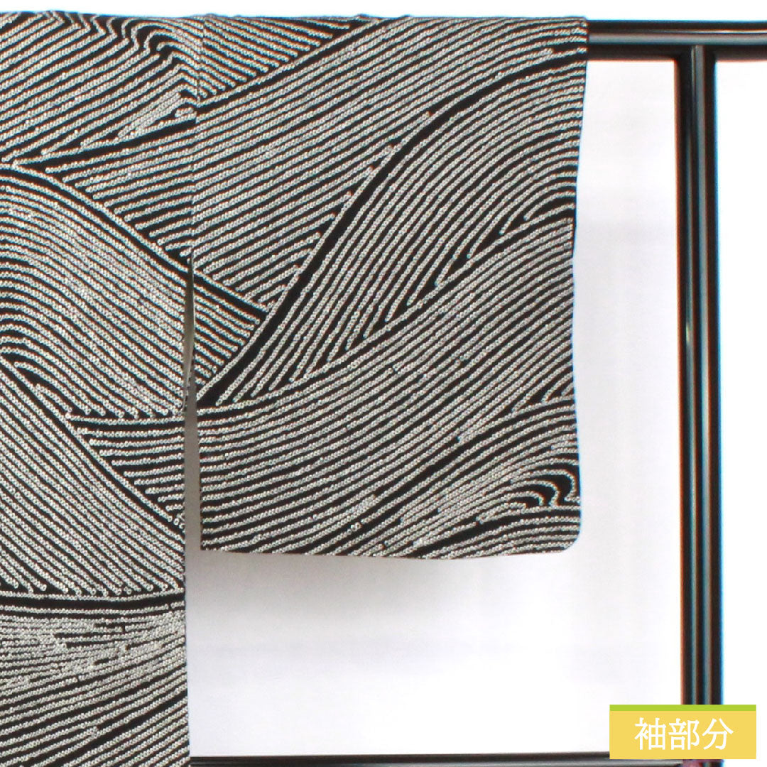 小紋 正絹 身丈171cm 裄丈67.5cm 袷 総絞り 波 Bランク 黒系 1115004724610