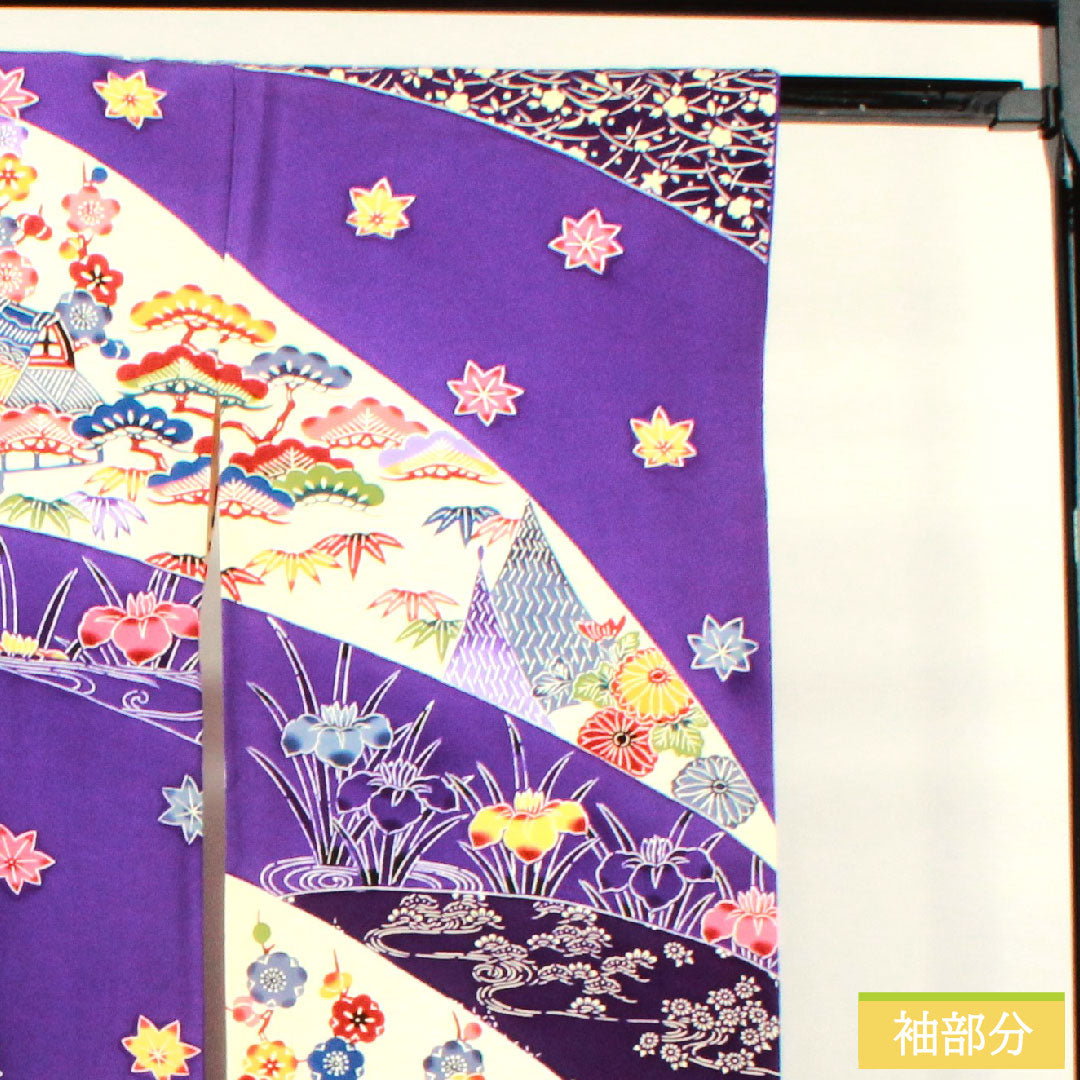 Furisode (long-sleeved kimono) made of pure silk, length 164.5cm, sleeve length 66cm, lined, bellflower color, violet color, Kyoto Bingata, auspicious motif, half-collar, B rank, purple, 1113002014420