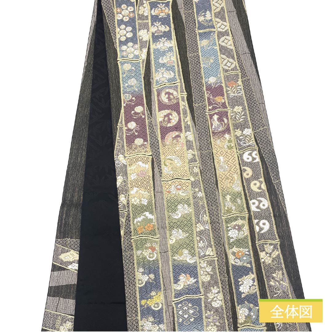 袋帯 正絹 Sランク 吉祥百寿瑞竹文 一図全通網羅錦 帯丈444cm 全通 フォーマル 黒系 1123015262310
