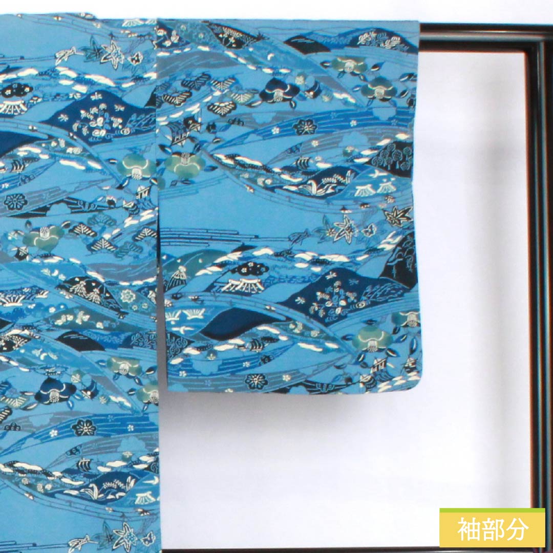 小紋 正絹 身丈154cm 裄丈64.5cm 単衣 空色(そらいろ) 型染 藍型調 吉祥文様 Bランク 青系 1115005614217