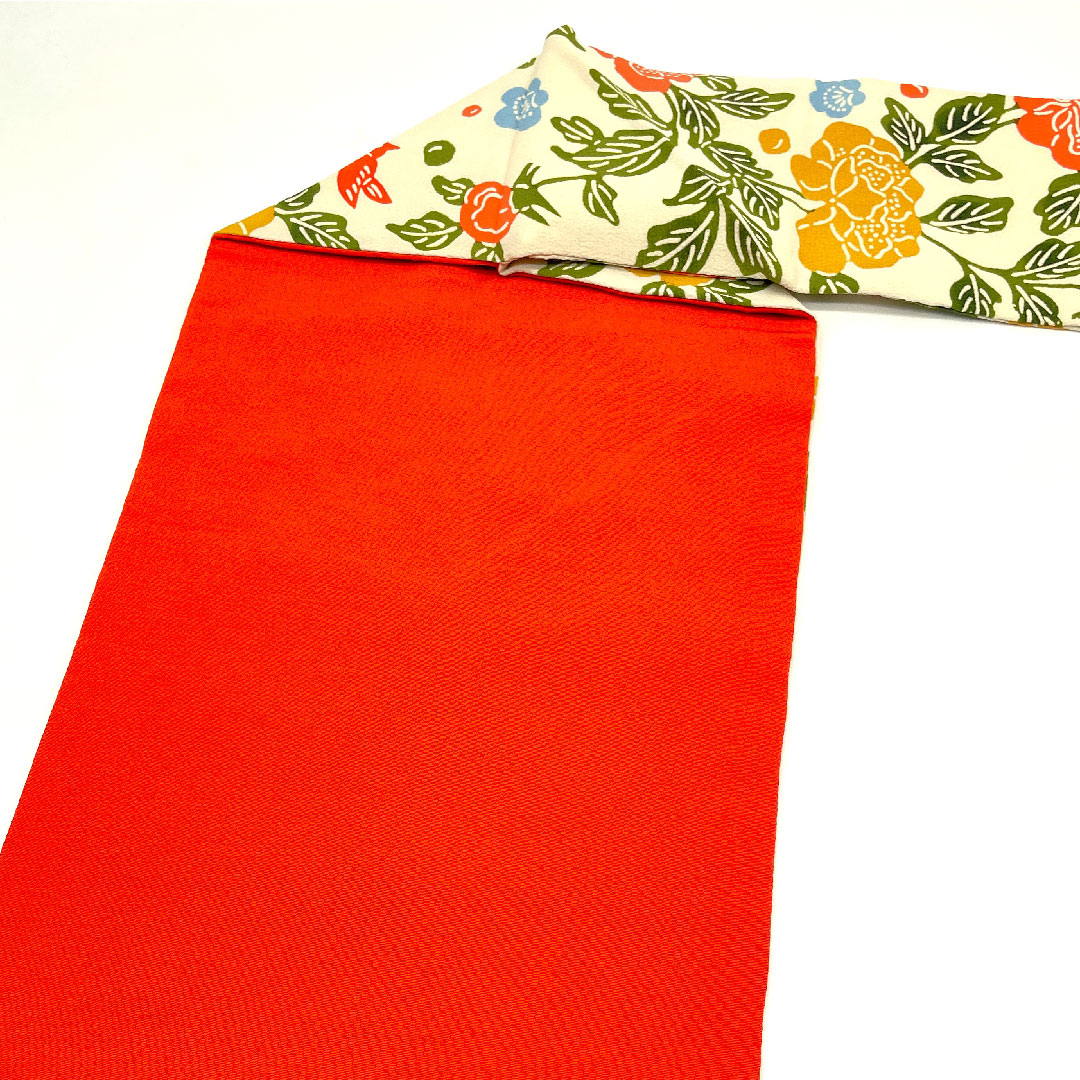 名古屋帯 型染 染め帯 花鳥模様 帯丈378cm 正絹 Aランク 全通 カジュアル クリーム系 1124002033315