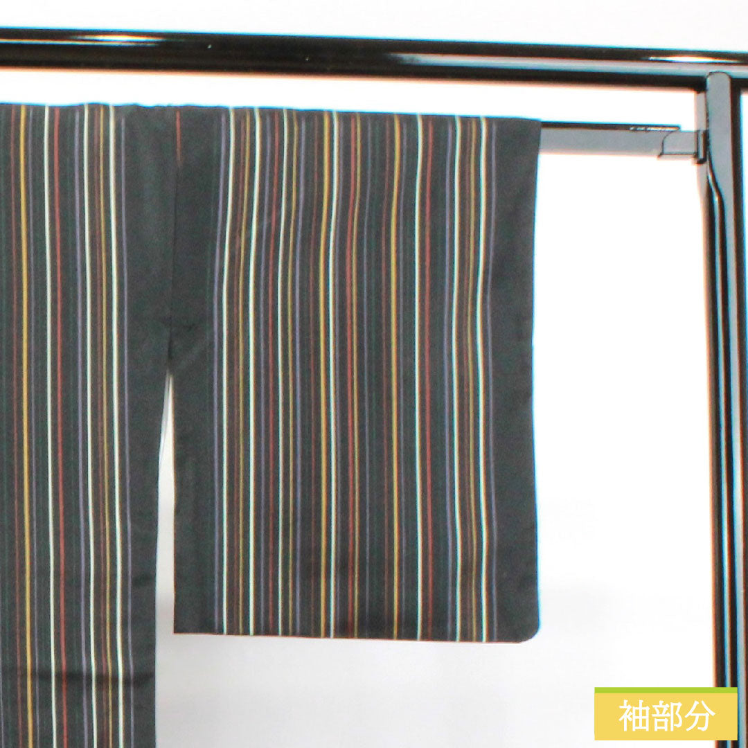 小紋 ポリエステル 身丈164.5cm 裄丈65cm 袷 洗える着物 縞模様 Sランク 黒系 1115003952410