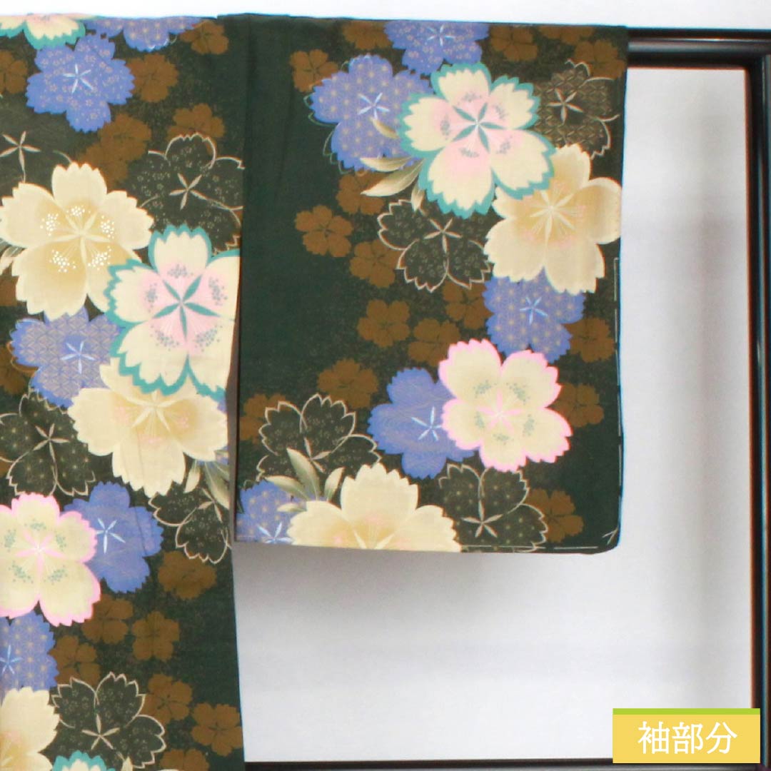 浴衣 木綿 身丈162.5cm 裄丈67cm Sランク 単衣 緑系 暗緑色(あんりょくしょく) 桜 1118006002419