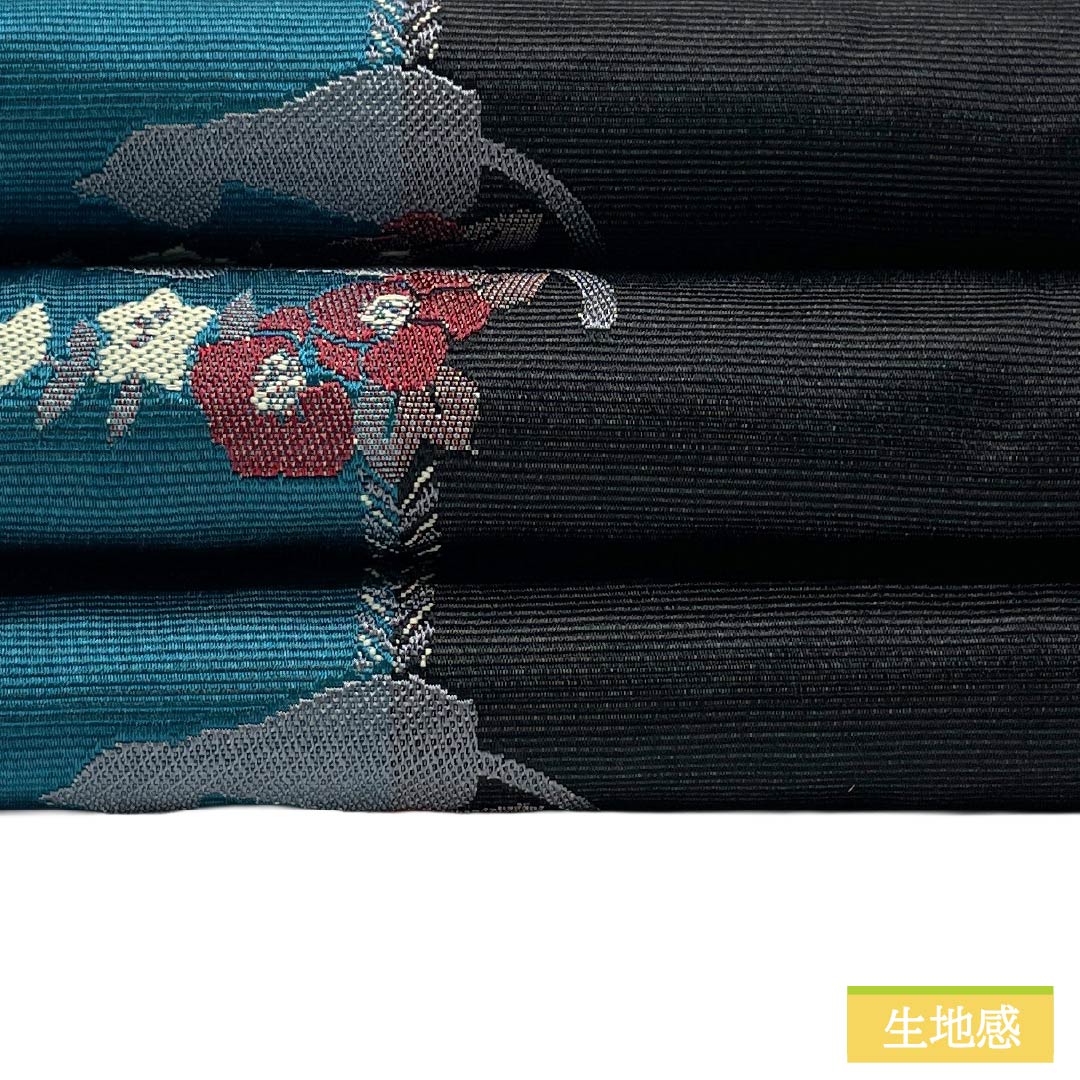 半幅帯 ポリエステル Sランク 黒色(くろいろ) 孔雀青色(くじゃくあおいろ) ネコ 花柄 菱型 広幅 帯丈397cm 黒系 1125005722310