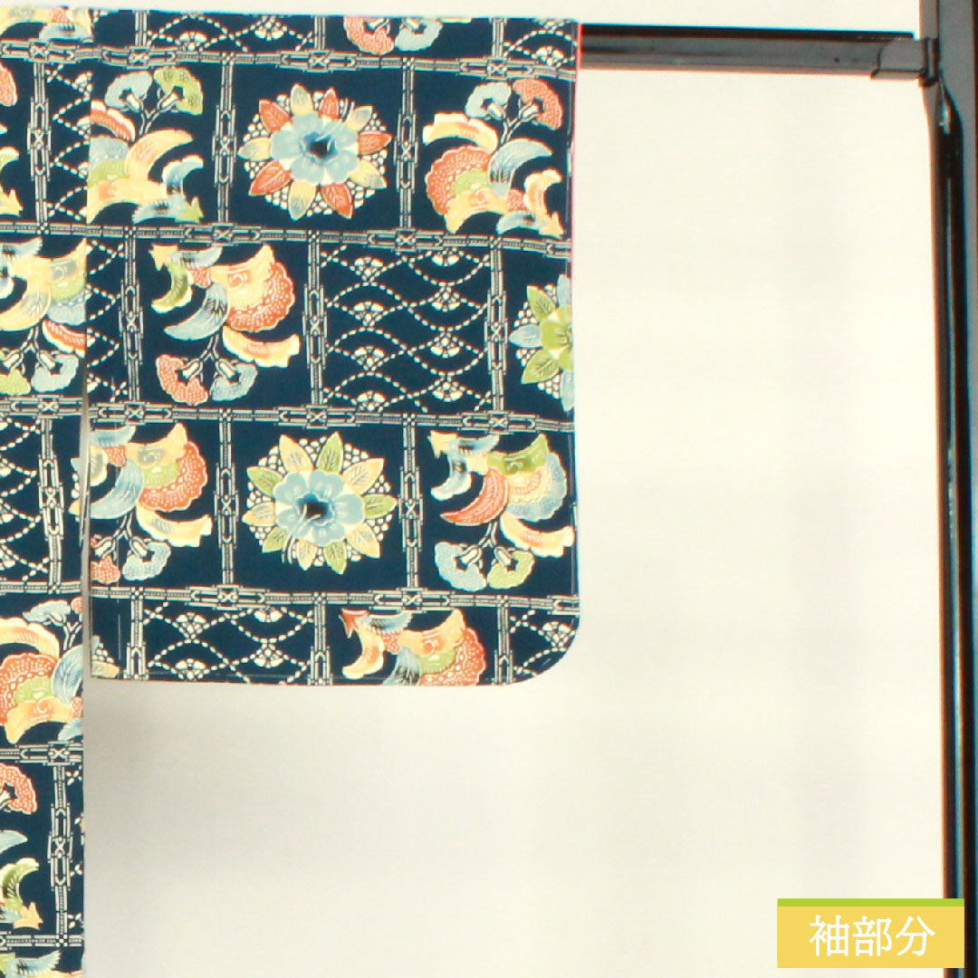 Komon, pure silk, length 153cm, sleeve length 62.5cm, lined, lining color (urairo), Kyoto Bingata, floral pattern, with basting thread, A rank, navy blue, 1115004343218