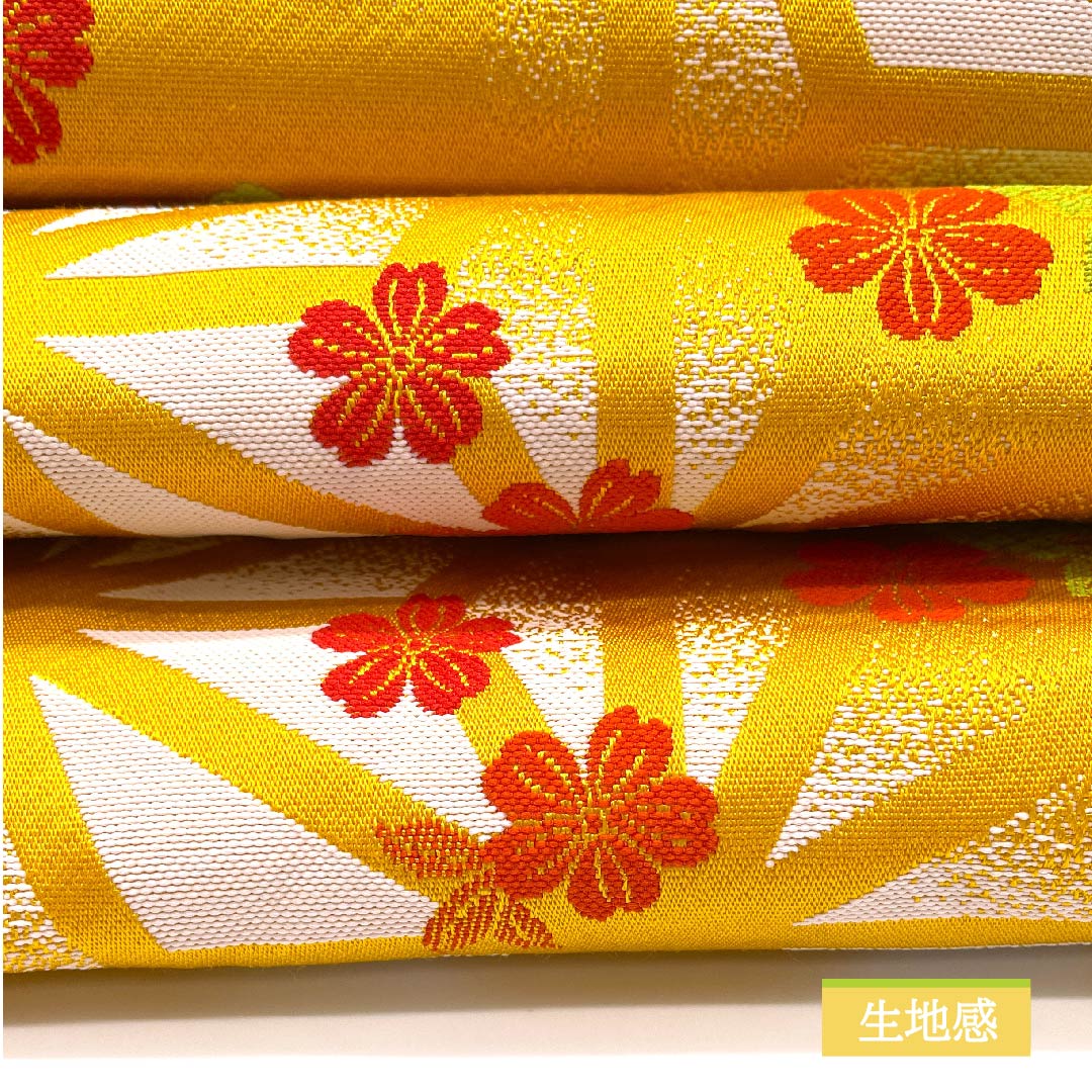 (未仕立)半幅帯 ポリエステル 濃卵色(こいたまごいろ) 花柄 小桜 麻の葉 木の実 古典柄 帯丈352cm 黄系 Sランク 1125000932323