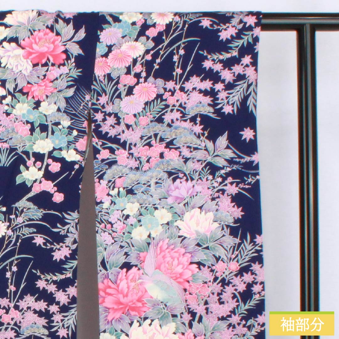 Pure silk furisode (long-sleeved kimono) - Grade A, length 159cm, sleeve length 63cm, lined, in navy blue with bellflower and plum blossom motifs in Kyoto Yuzen. Product code: 1113002623318