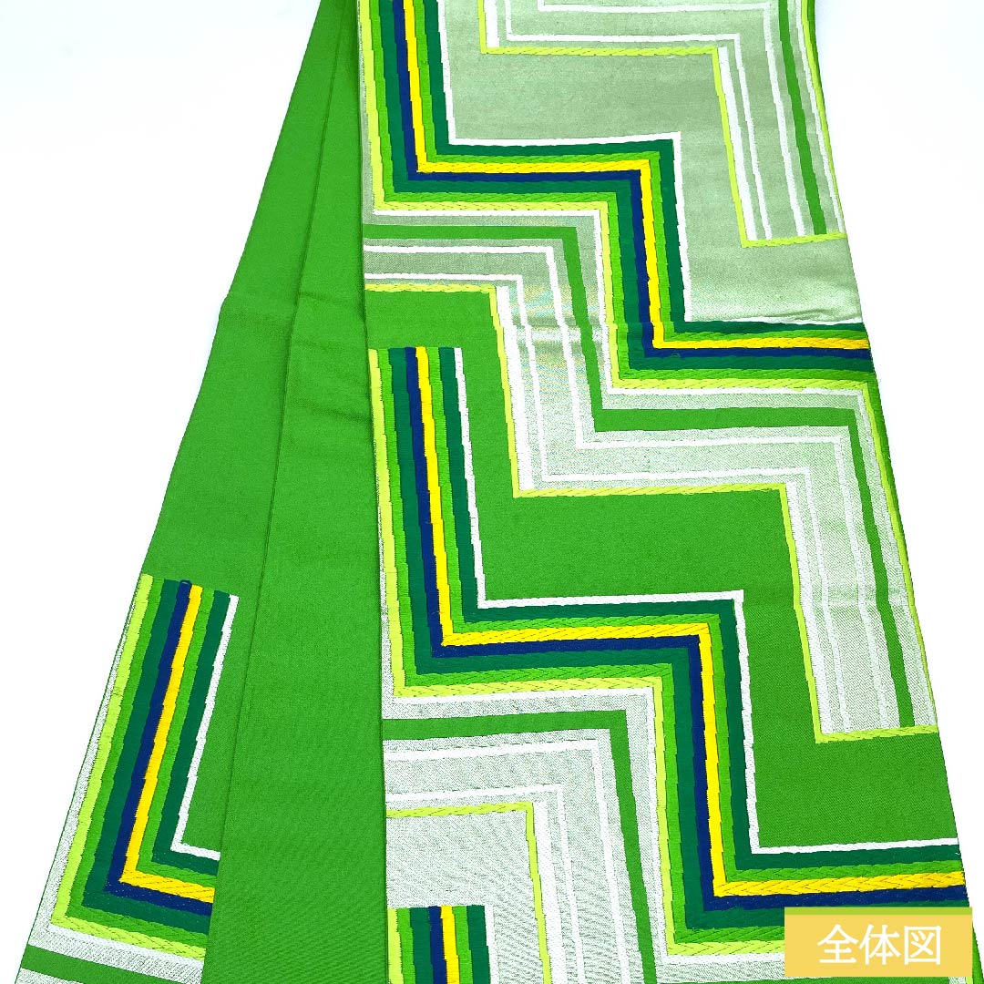 袋帯 黄緑色(きみどりいろ) 幾何学模様 帯丈418cm 正絹 Aランク 六通 フォーマル 緑系 1123010043319