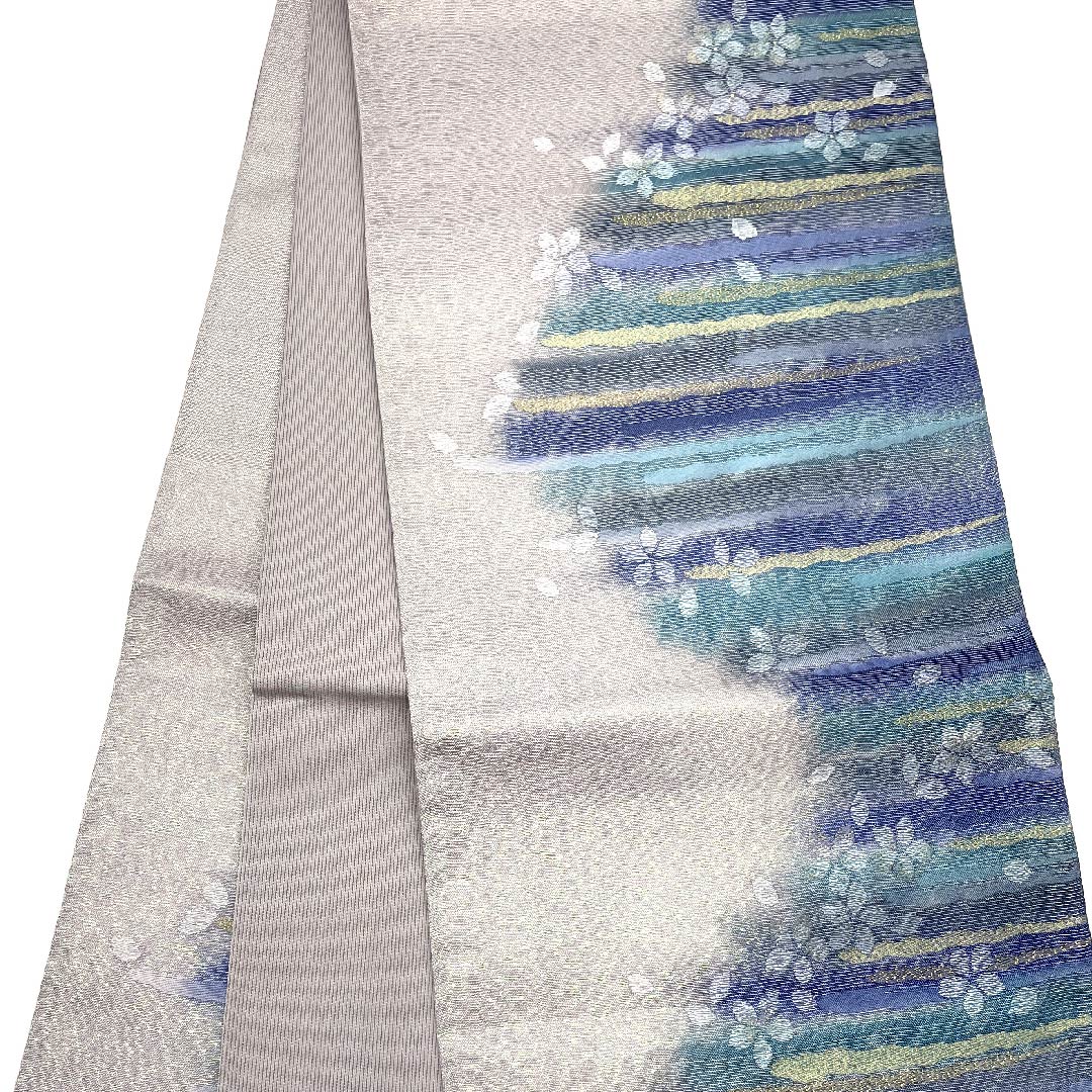 Fukuro Obi (Fukuro obi) in Komachi gray, classic pattern, small cherry blossoms, obi length 428cm, pure silk, S rank, six-pass, semi-formal, gradation style, 1123008712399