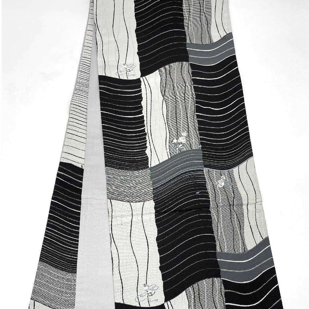 袋帯 変わり市松 瓢箪 モノトーン 帯丈438cm 正絹 Sランク 六通 カジュアル グラデーション系 1123008812399