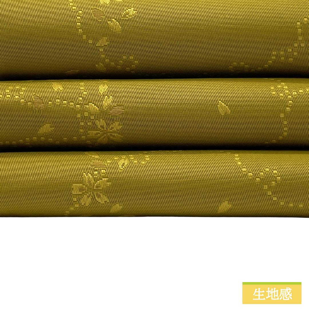 (新品)半幅帯 ポリエステル NEWランク 黄橡色(きつるばみいろ) 薄香色(うすこういろ) 雪輪 桜 リバーシブル 帯丈395cm 黄系 1125006371323