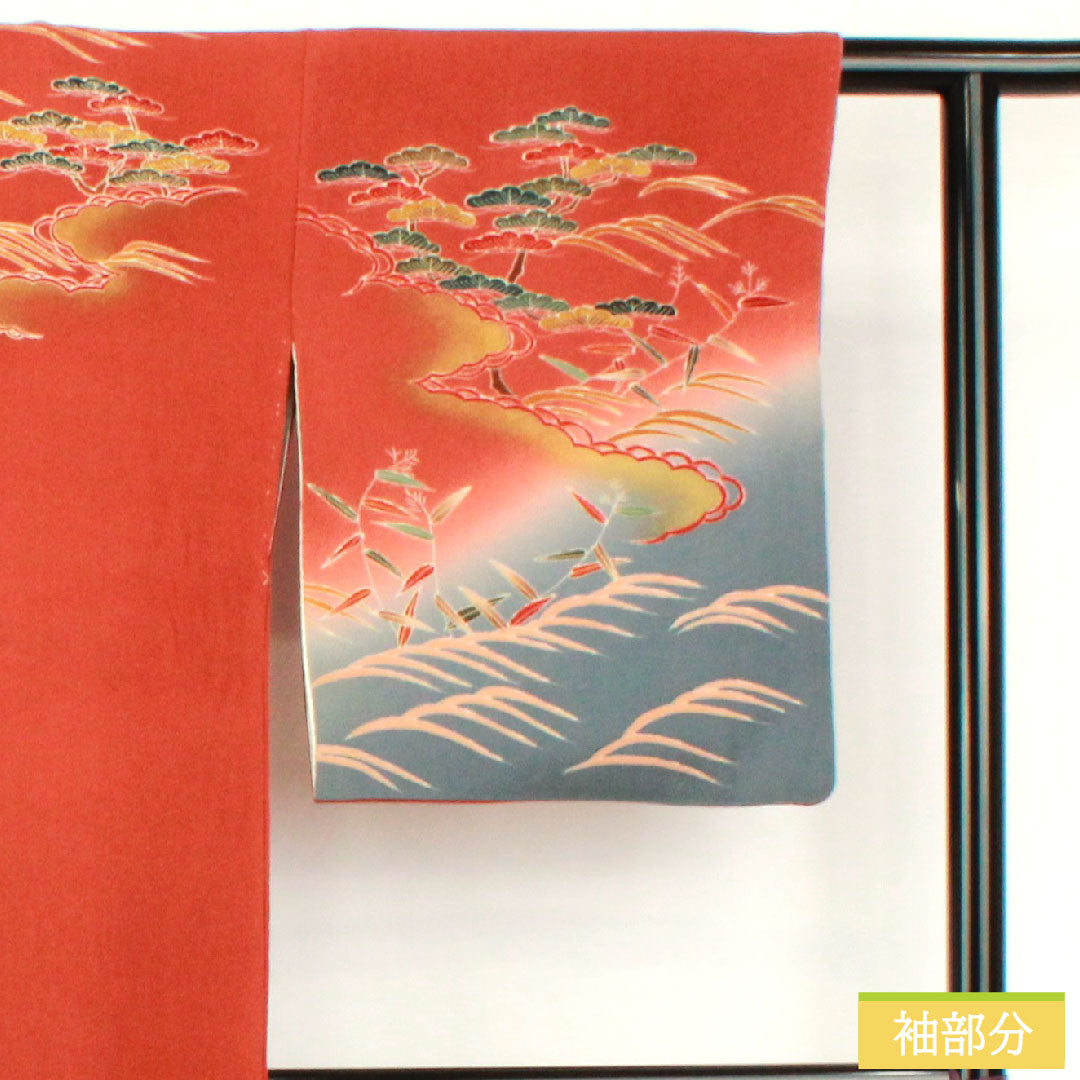 訪問着 正絹 袷 身丈165.5cm 裄丈65cm 弁柄色(べんがらいろ) 京友禅 茶屋辻風景模様 ちりめん地 Aランク 朱系 1112005923516