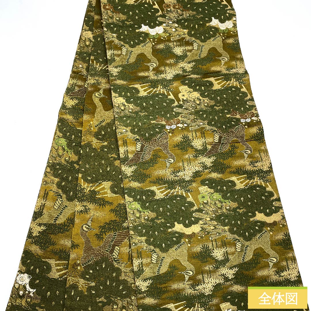 袋帯 正絹 路考茶色(ろこうちゃいろ) 丸帯 孔雀 松竹梅 扇面 帯丈394cm Sランク 全通 フォーマル 黄系 1123011282323