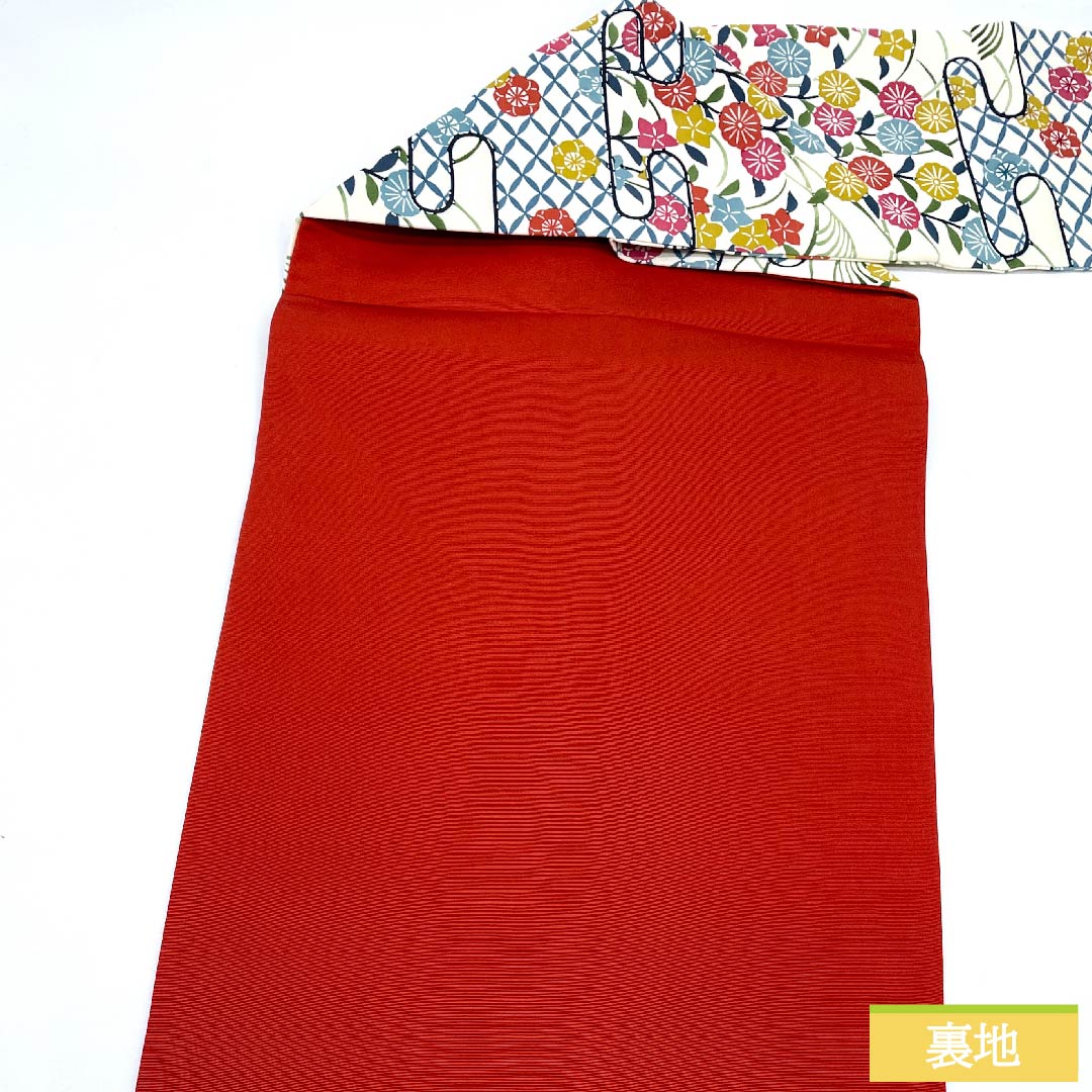 Nagoya obi, milky white color, stencil dyeing, Kyoto red pattern, Shippo, chrysanthemum, bellflower, plum, obi length 364.5cm, pure silk, S rank, full length, casual, white, 1124005872311, Nagoya style