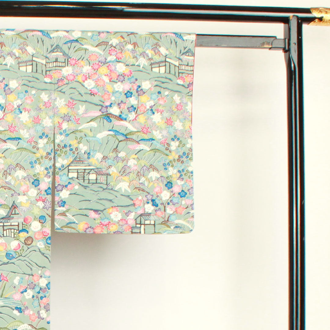 訪問着 袷 身丈155.5cm 裄丈62cm 沈香茶色 型染 茶屋辻 草花模様 正絹 Aランク グレー系 1112001783322