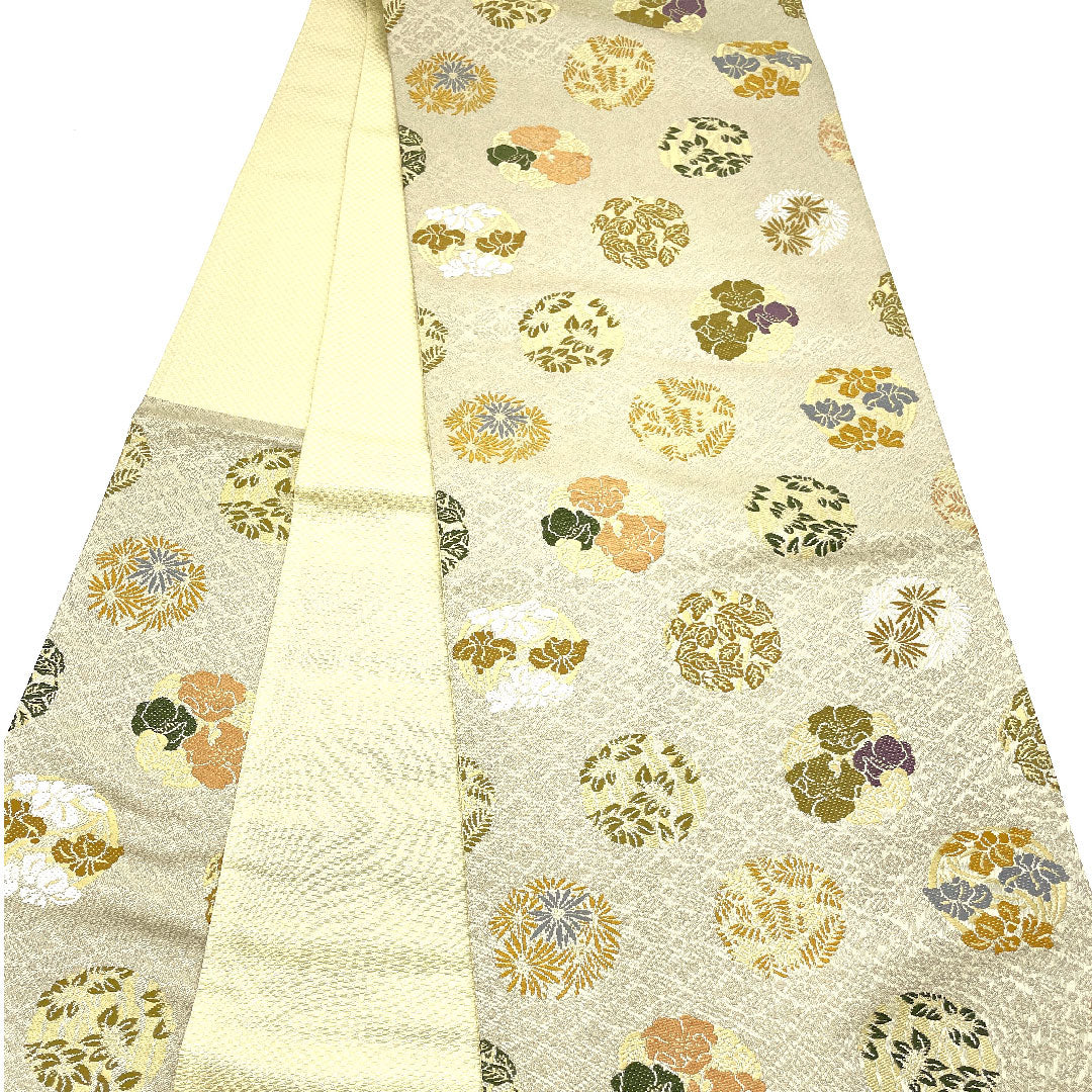 (未仕立)袋帯 灰白色(かいはくしょく) 上文錦 正倉院文様 帯丈443.5cm 正絹 Sランク 六通 セミフォーマル グレー系 1123004782322