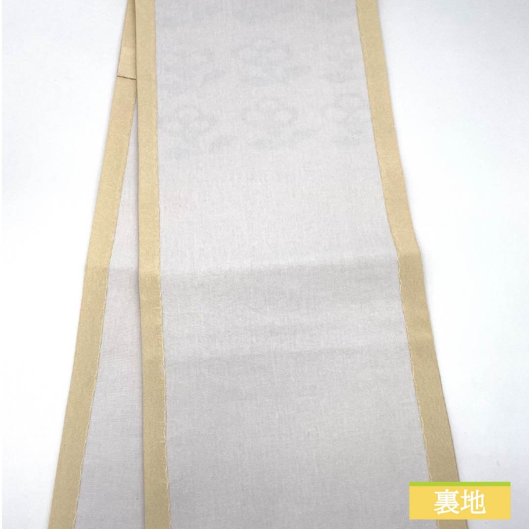 名古屋帯 ポリエステル Sランク 鳥の子色(とりのこいろ) 型染 ちりめん地 椿 帯丈372cm ポイント柄 カジュアル クリーム系 1124010812315 開き仕立て
