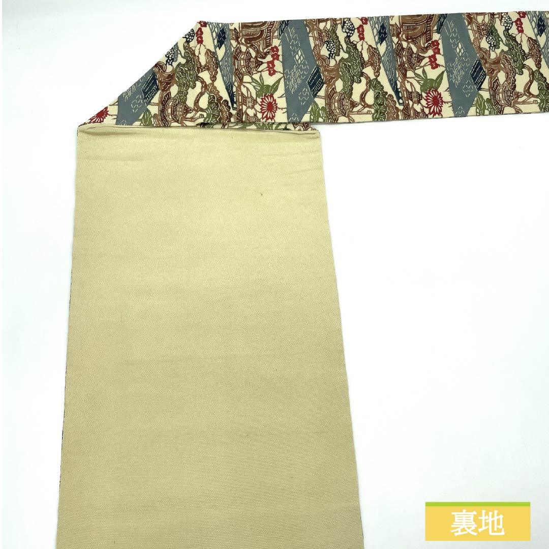 Nagoya obi, pure silk, gyoshikou-iro (fish roe yellow), Kyoto Bingata, Bingata-style pattern, landscape pattern, obi length 341cm, A rank, six-pass, semi-formal, beige, 1124007213325, Nagoya style