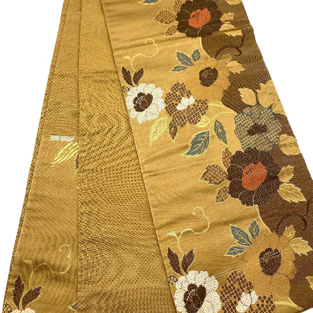 名古屋帯 京袋帯 煙草色 草花模様 帯丈362cm ポリ Sランク 六通 セミフォーマル 茶系 1124003292314 開き仕立て