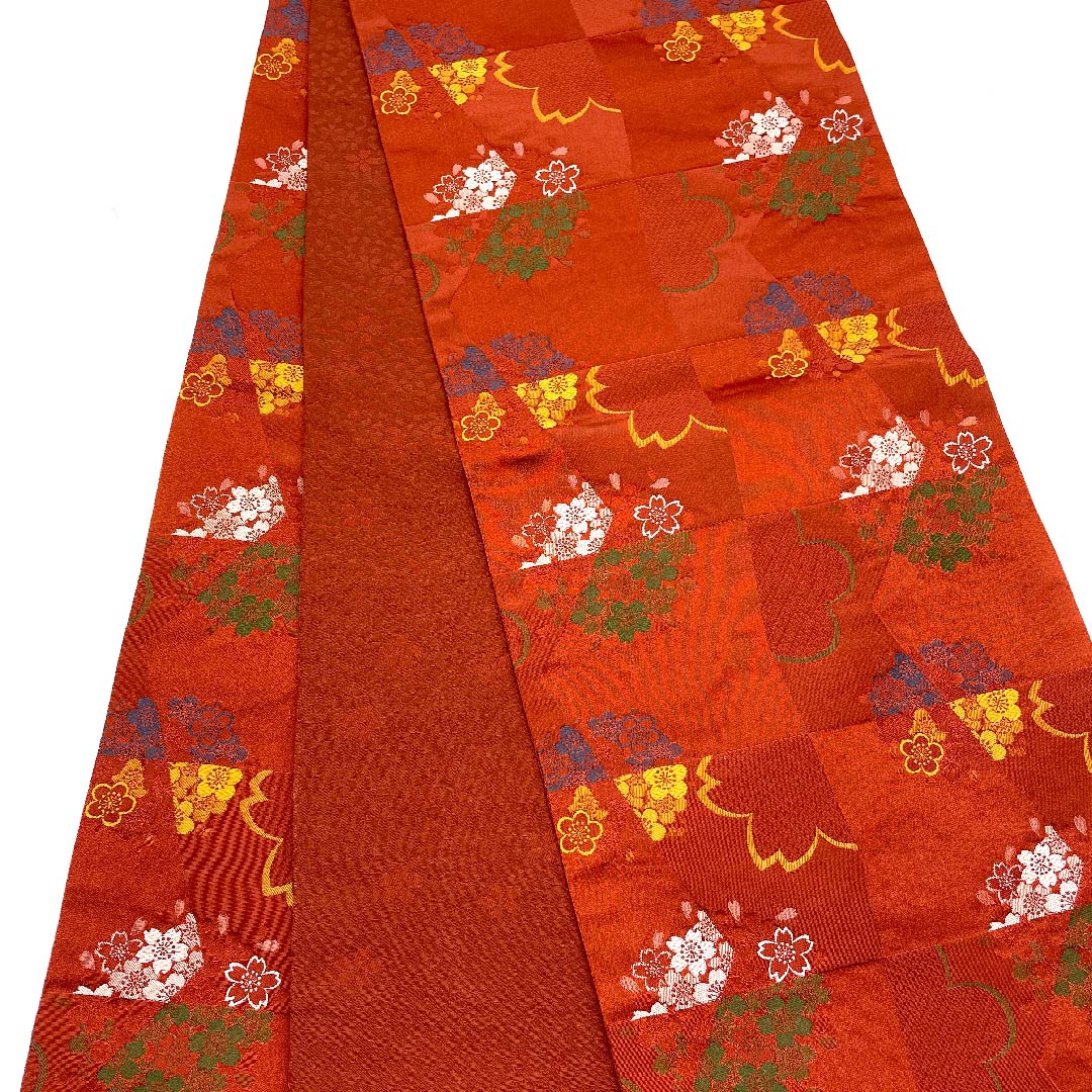 名古屋帯 京袋帯 生臙脂色 梅 桜 変わり市松 帯丈386.5cm ポリ Sランク 全通 セミフォーマル 朱系 1124003282316 開き仕立て