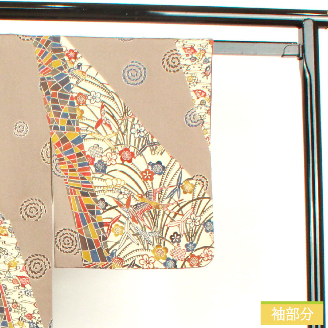 小紋 正絹 身丈154.5cm 裄丈64cm 袷 壁鼠色 京紅型 抽象模様 Aランク グレー系 1115003513222