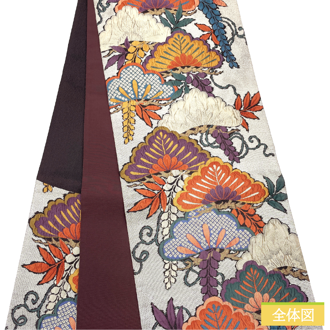 袋帯 正絹 Sランク ふくれ織 西陣織 松 藤 帯丈446cm 六通 フォーマル グレー系 1123017312322