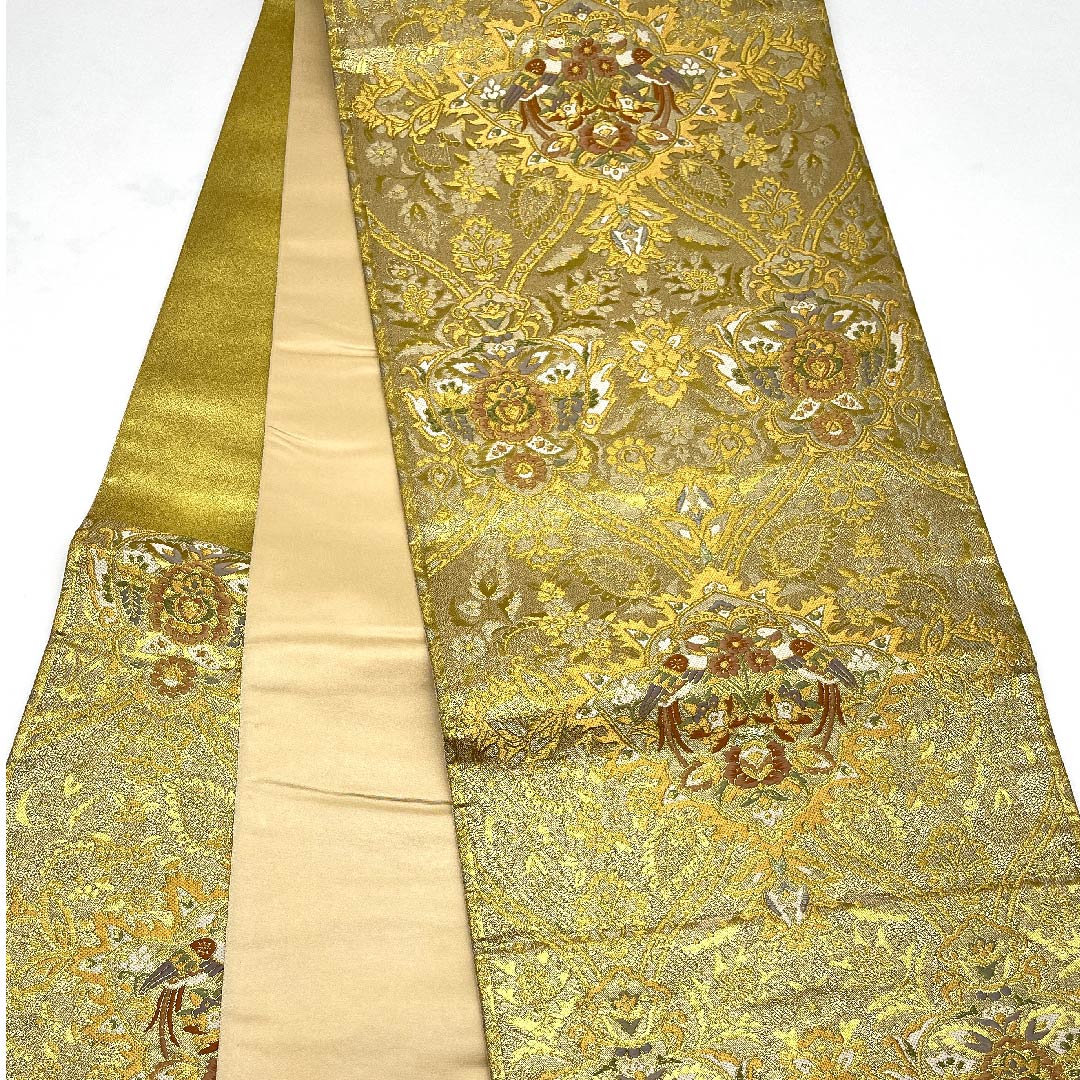 袋帯 金色 向かい鳳凰 花模様 帯丈430cm 正絹 Sランク 六通 フォーマル 金系 1123008112321
