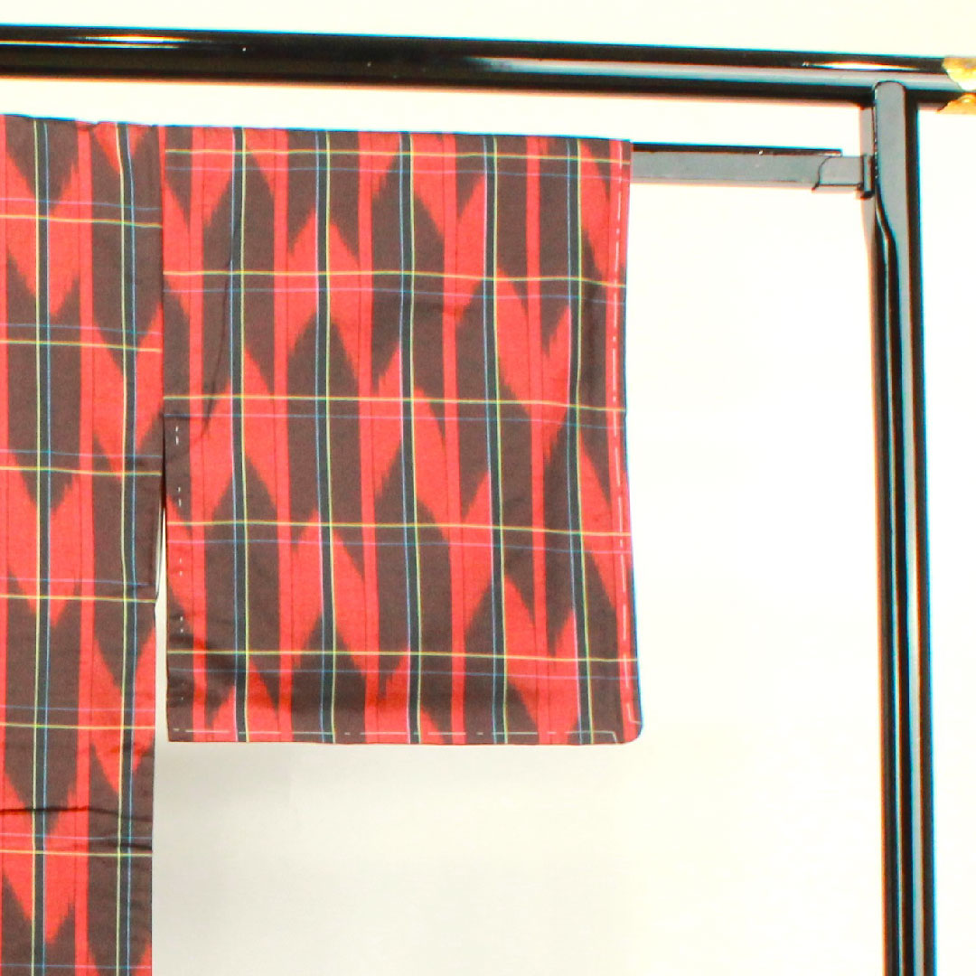 Tsumugi, Length 163.5cm, Sleeve length 62.5cm, Benibara color, Yagasuri, with basting thread, Unused, Pure silk, S rank, Awase, Red, 1116002782412