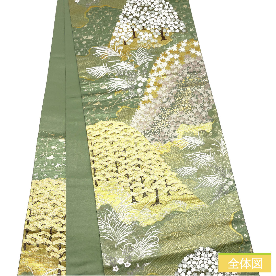Fukuro Obi (Sash), Pure Silk, Grade A, 900 Nishijin Weave, Four Seasons of Arashiyama, Length 434cm, Six-Ply, Formal, Green, 1123016953319