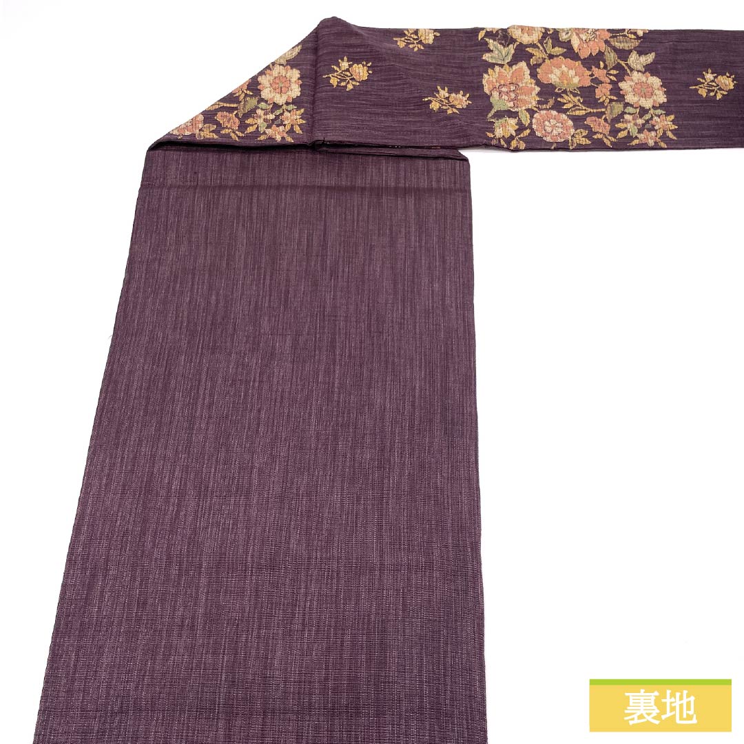 名古屋帯 二人静色(ふたりしずかいろ) 唐織 更紗模様 帯丈365cm 正絹 Sランク 六通 カジュアル 紫系 1124006882320 名古屋仕立て
