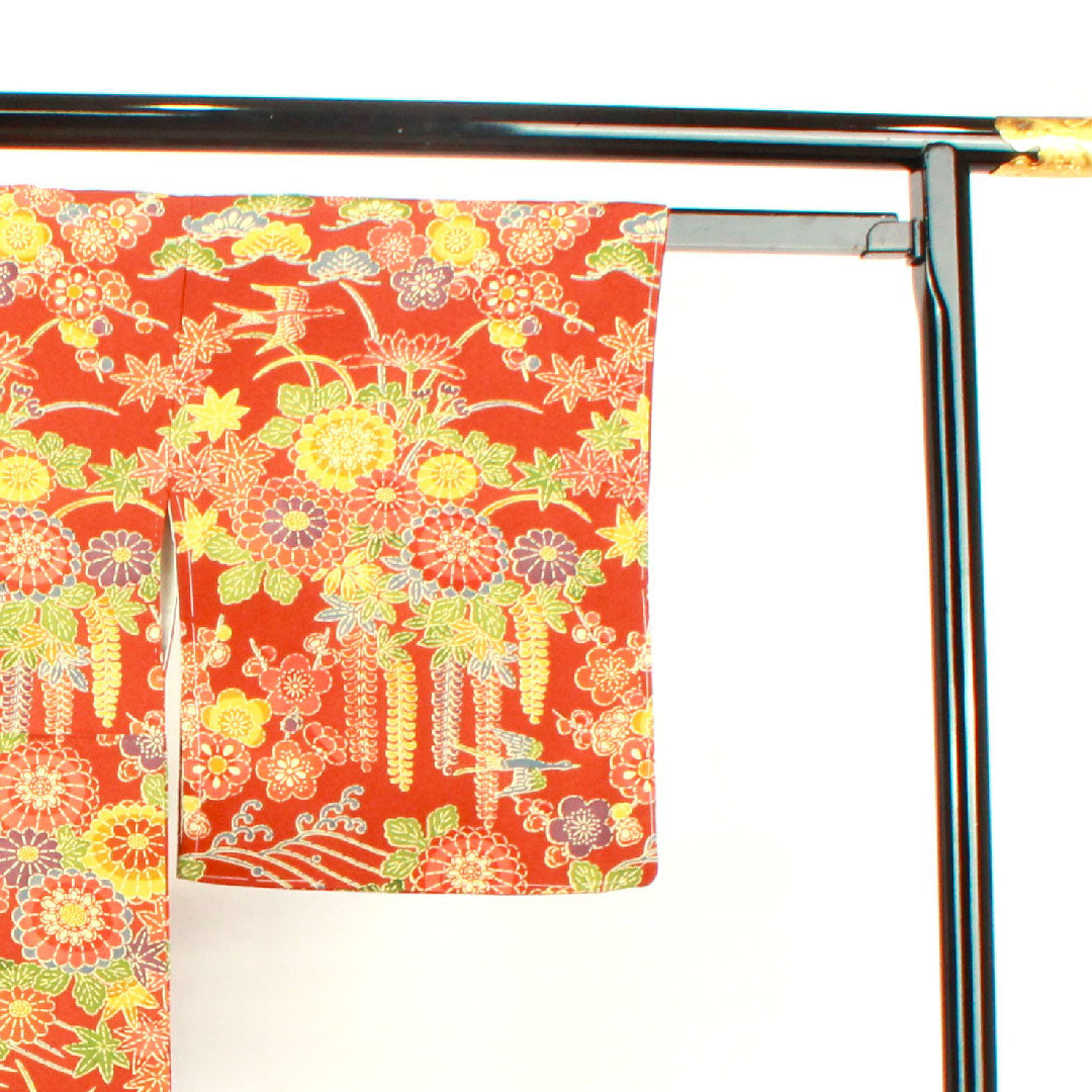 小紋 身丈154cm 裄丈61cm 袷 猩々茶色 型染 菊 梅 草花模様 正絹 Sランク 茶系 1115002652214