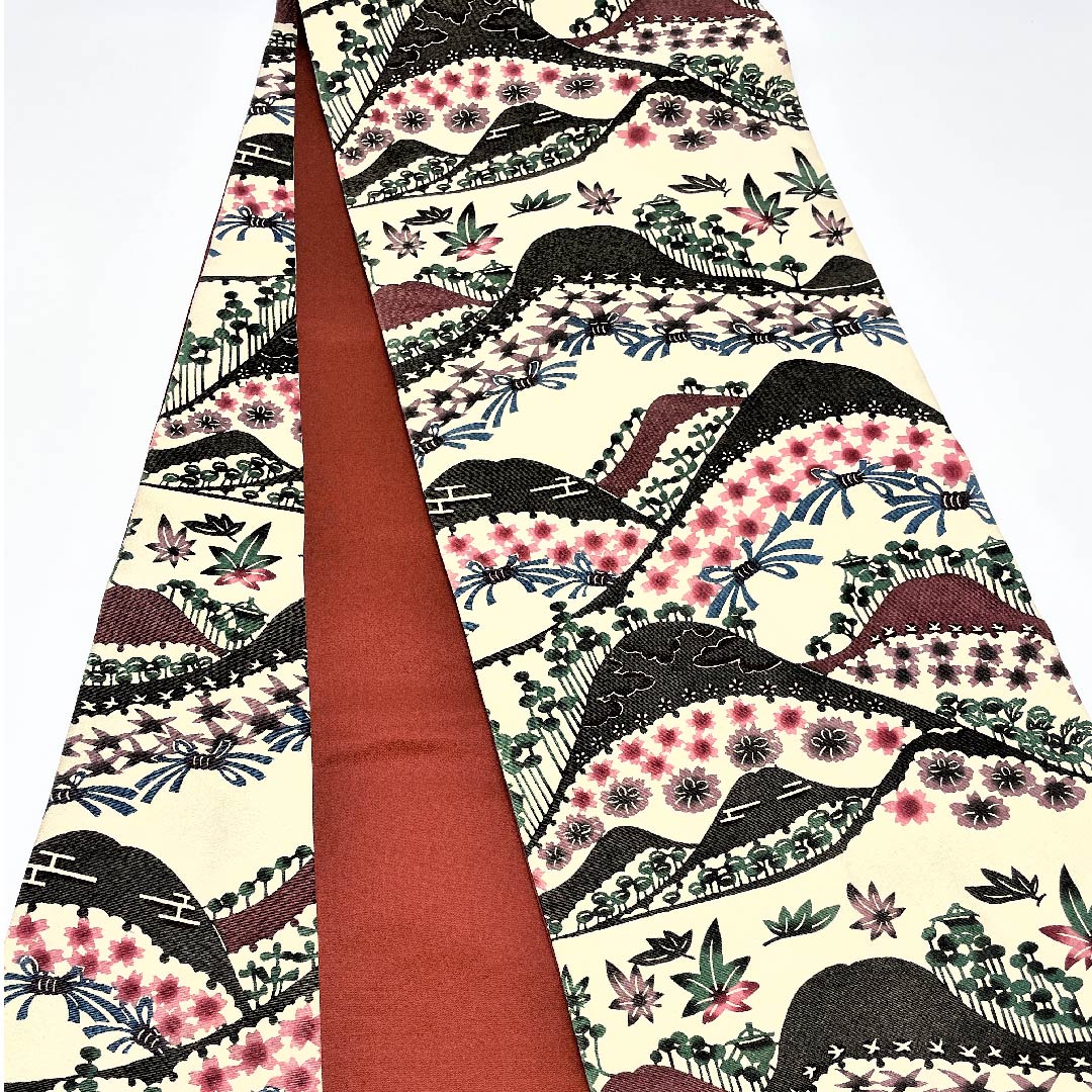 袋帯 生成り色(きなりいろ) 遠山 桜 紅葉 帯丈452cm 正絹 Aランク 全通 カジュアル クリーム系 1123005373415
