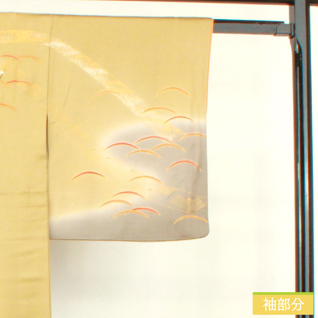 訪問着 袷 身丈167cm 裄丈66cm 芽色 京友禅 露草 巻物 一つ紋 剣片喰 正絹 Aランク 黄系 1112003933523