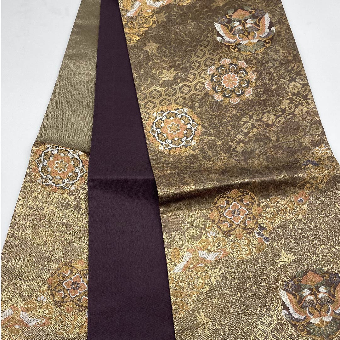 袋帯 金色 宝相華 花唐草 鳳凰 帯丈428cm 正絹 Aランク 六通 フォーマル ベージュ系 1123007593325