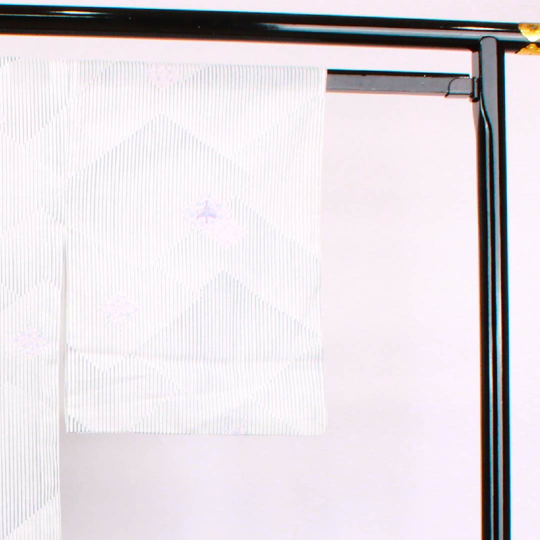 Summer polyester komon, length 160cm, sleeve length 63cm, fish belly white, bird, floral arabesque, diamond pattern, silk, S rank, white, 1132000342411