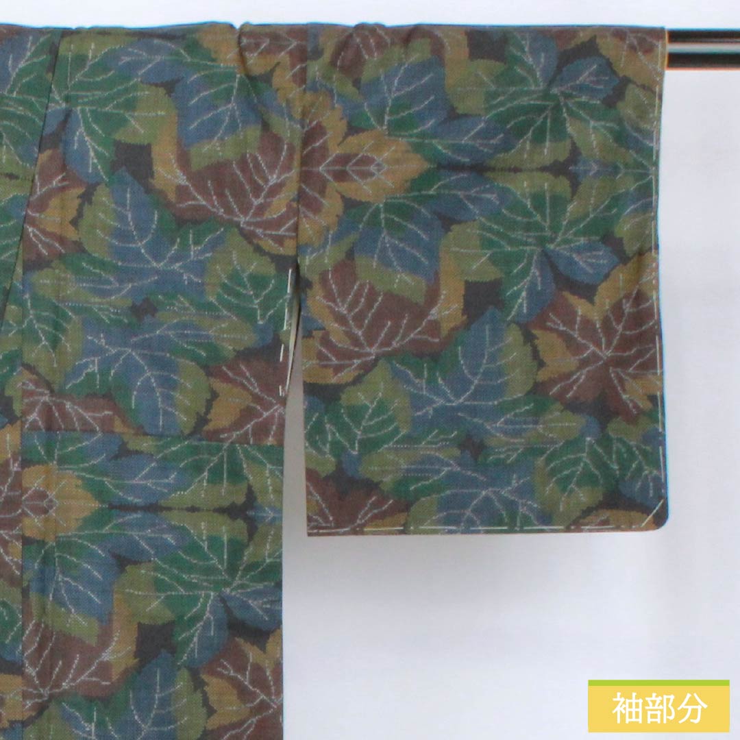 紬 正絹 Aランク 身丈157cm 裄丈60.5cm 檳榔子黒色(びんろうじぐろいろ) 葉 しつけ糸付き 袷 黒系 1116004613310