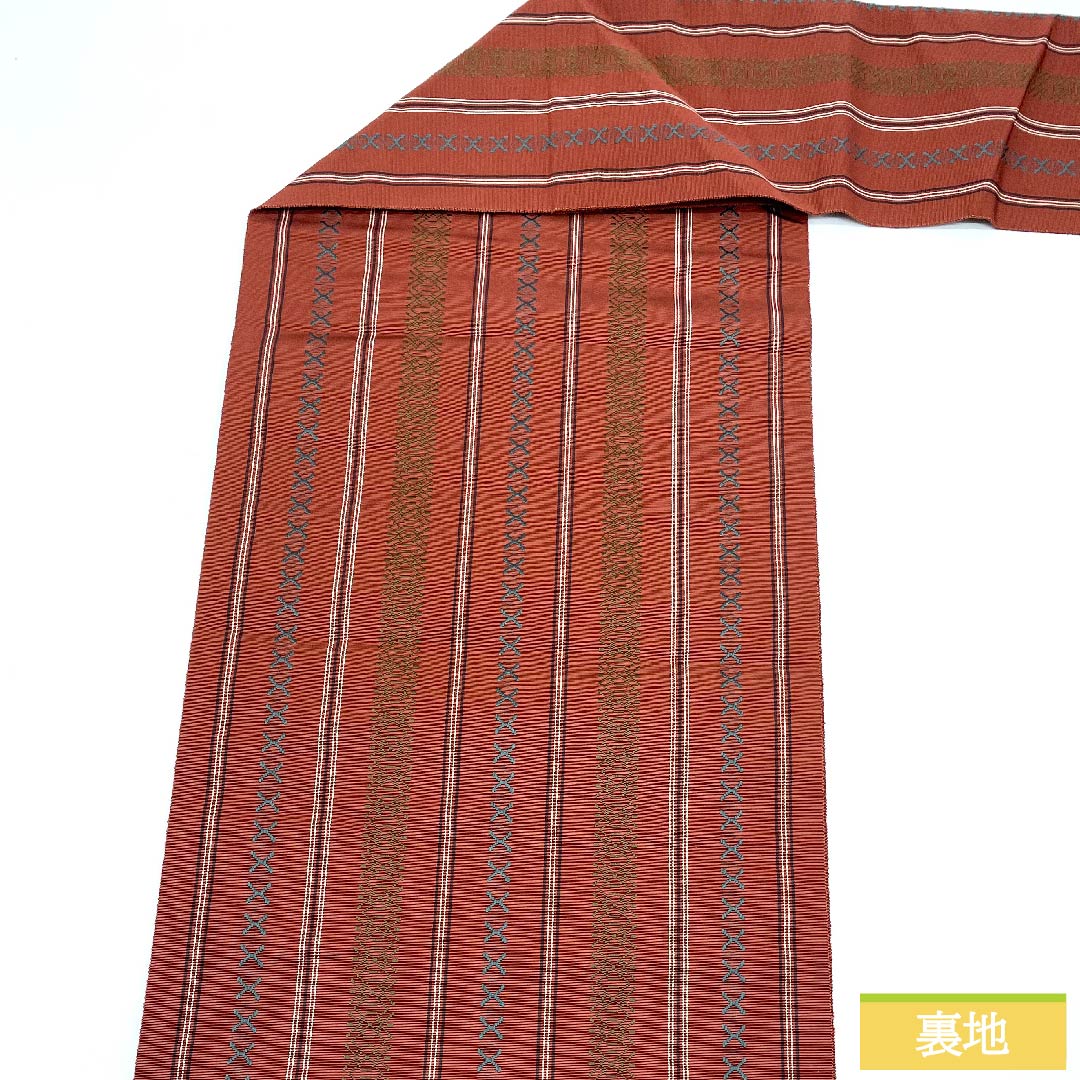 名古屋帯 海老赤色 博多織 献上柄 博多帯 帯丈363cm 正絹 Sランク 全通 カジュアル 茶系 1124005832314 名古屋仕立て