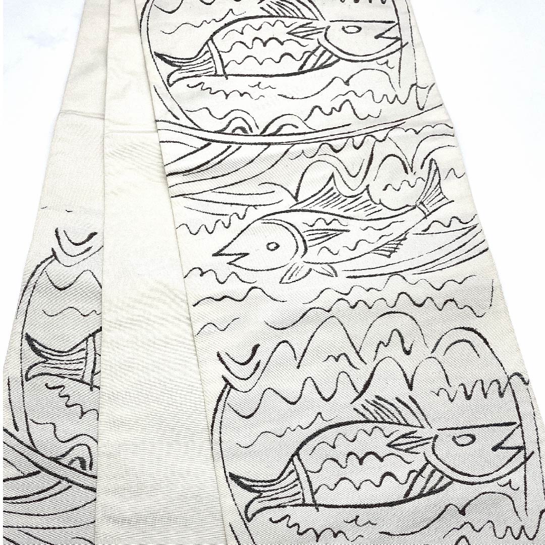 Fukuro Obi (milky white obi) with fish motif, Katsuyama Orimono, obi length 434cm, pure silk, A rank, six-pass, casual, white, 1123008073311
