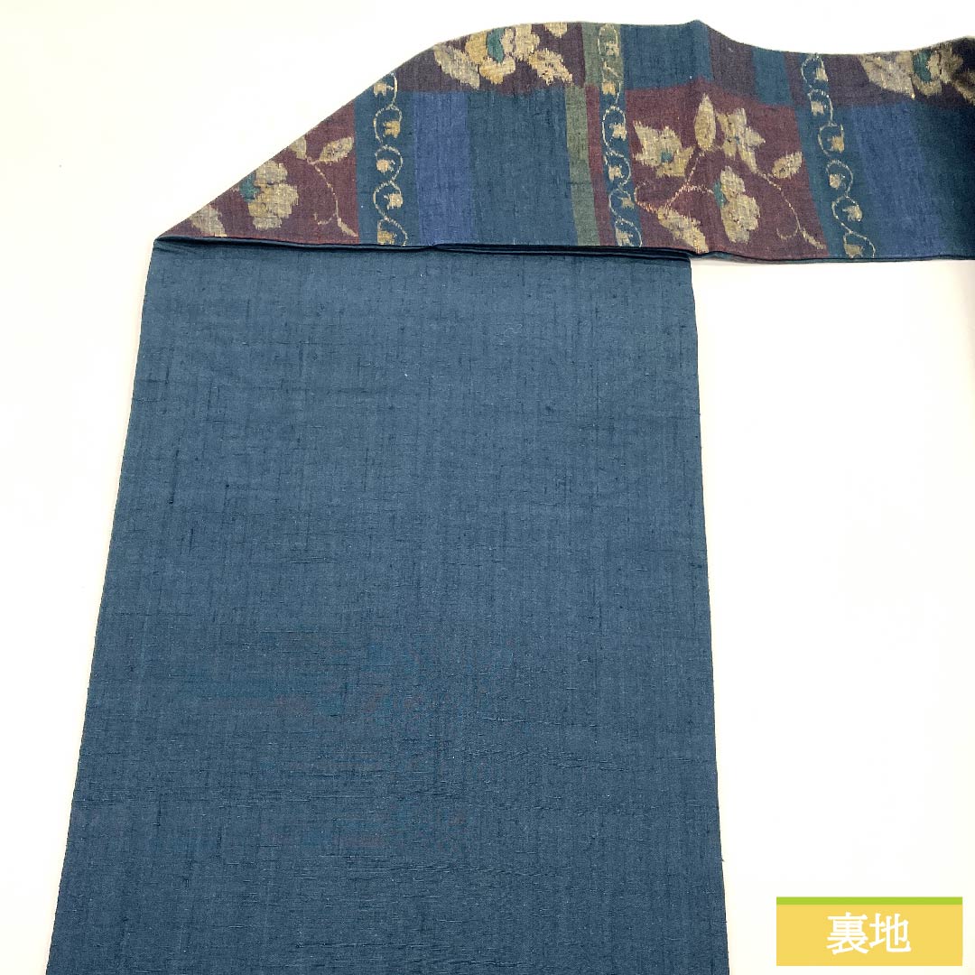 Nagoya obi, indigo iron color, floral pattern, obi length 364cm, pure silk, S rank, six-pass, casual, navy blue, 1124006112318, Nagoya style