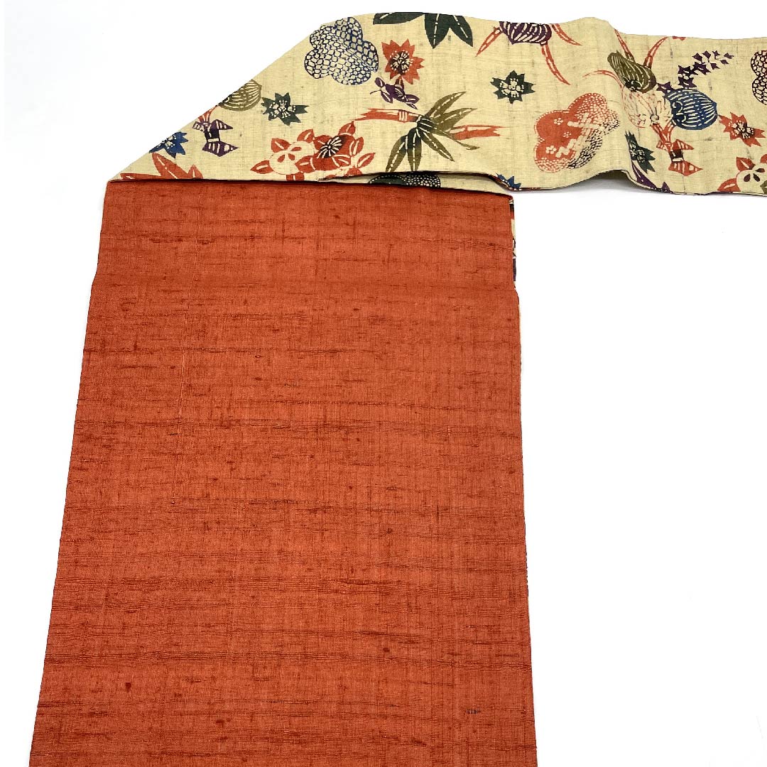 Nagoya obi, mulberry-colored, white-brown, pongee fabric, hollyhock, tangerine, pine, maple leaves, cherry blossoms, obi length 362cm, pure silk, S rank, full-length, casual, beige, 1124004672325, Nagoya-made
