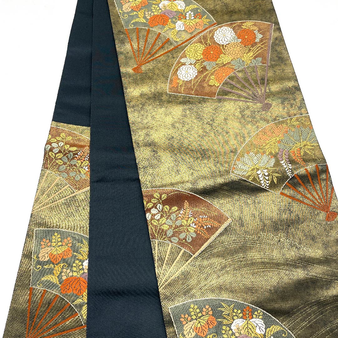 (未仕立)袋帯 金色 扇面 花模様 帯丈443cm 正絹 Sランク 六通 フォーマル 金系 1123005932321