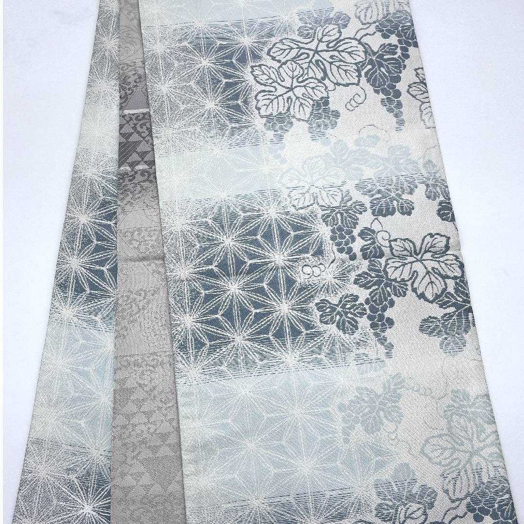 Fukuro Obi (Indigo Blue) with Asanoha and Grape Arabesque Patterns, Length 445cm, Pure Silk, Rank S, Pointed Pattern, Semi-Formal, Light Blue, 1123007852324