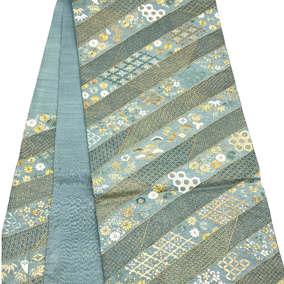 袋帯 藍砥茶色(あいとのちゃいろ) 刺繍 吉祥文様 宝巻 花唐草 帯丈430cm 正絹 Sランク 六通 フォーマル 緑系 1123008142319
