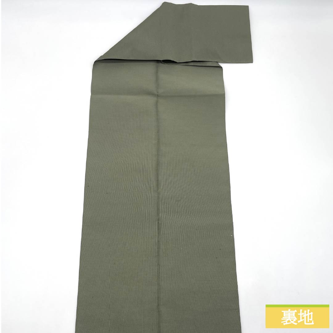 Nagoya Obi, Pure Silk, Grade A, Gray-Green (Haimidori-iro), Tapestry Weave, Classic Enso Pattern, Kiribame-style, 370cm Long, Pointed Pattern, Semi-Formal, Green, Item Number: 1124010563319, Pine Needle Style